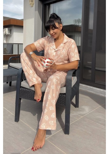 Pudra Önden Düğmeli Pijama Takımı
