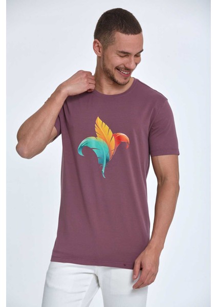 Theo Baskılı Erkek Tişört Mürdüm