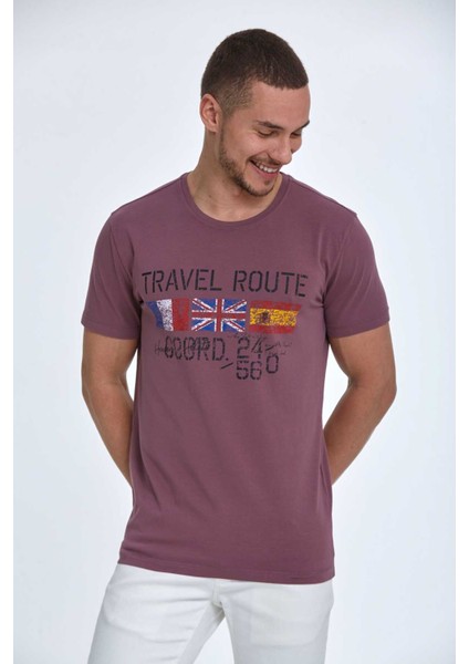 Lotus Baskılı Erkek Tişört Mürdüm