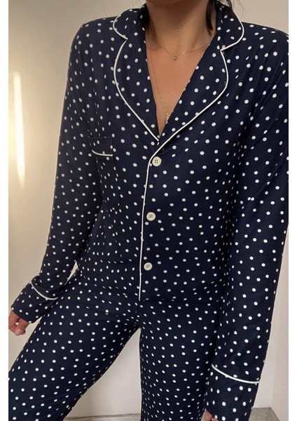 Lacivert Puantiyeli Örme Pijama Takımı