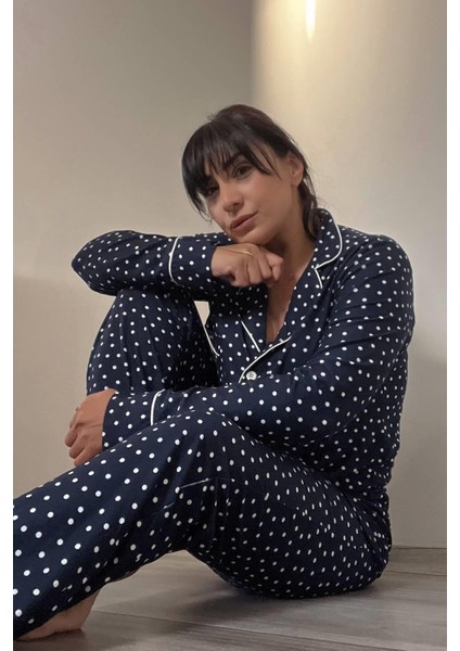 Lacivert Puantiyeli Örme Pijama Takımı