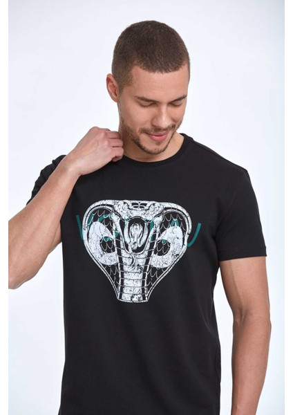 Aster Baskılı Erkek Tişört Siyah