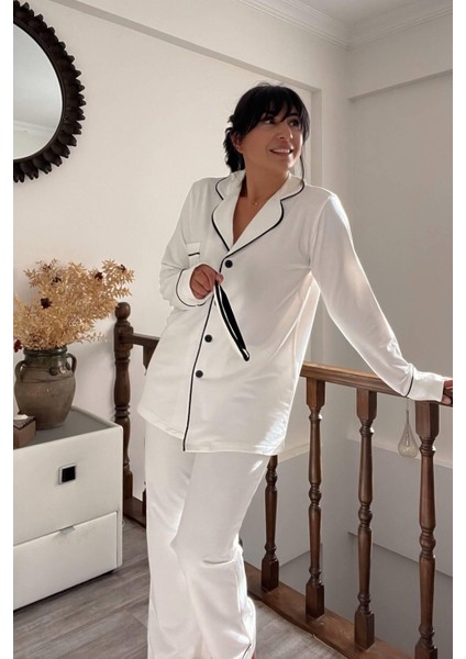 Beyaz Siyah Biyeli Pijama Takımı
