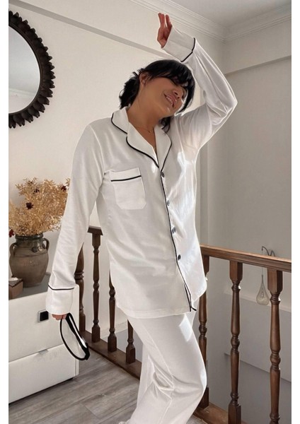 Beyaz Siyah Biyeli Pijama Takımı