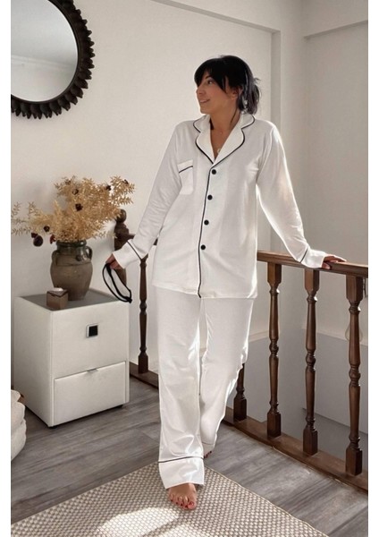 Beyaz Siyah Biyeli Pijama Takımı