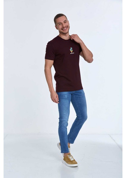 Chip Nakışlı Erkek Tişört Bordo modelleri