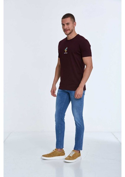 Chip Nakışlı Erkek Tişört Bordo fırsatları