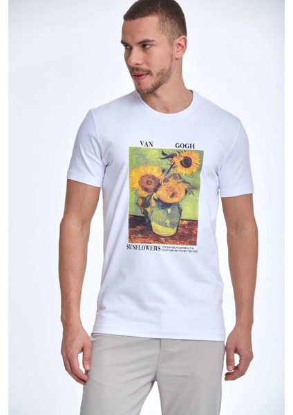 Shein Baskılı Erkek Tişört Beyaz