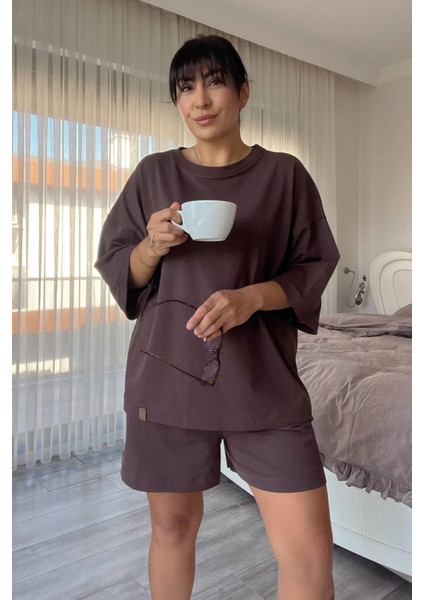 Penye Kahverengi Şort Takım