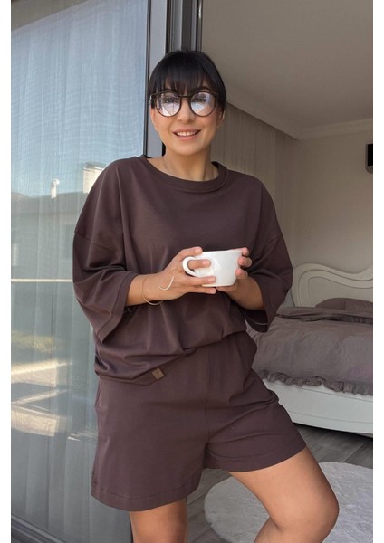 Penye Kahverengi Şort Takım