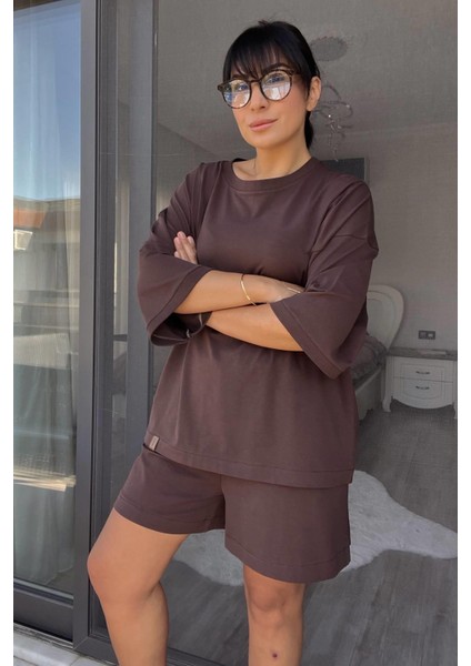 Penye Kahverengi Şort Takım