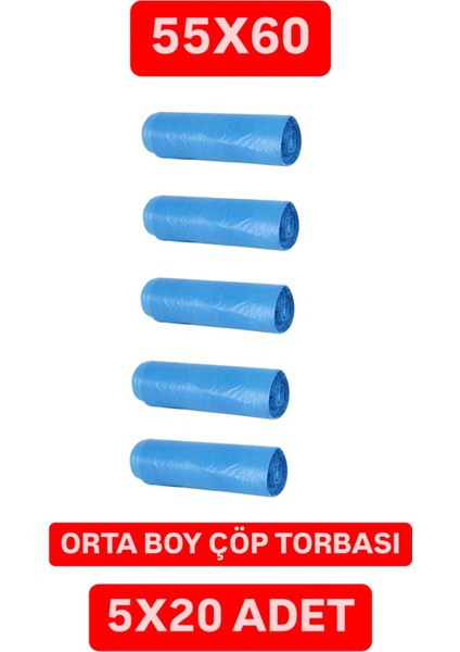 Orta Boy Çöp Poşeti 5'li (5x20 100 Adet) Orta Boy Çöp Torbası Yırtılmaz