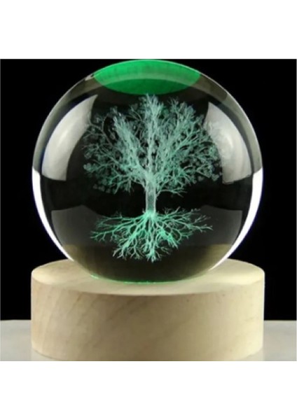Dekoratif Ağaç Tasarımlı Ahşap Altlıklı Işıklı Cam Küre 6 cm
