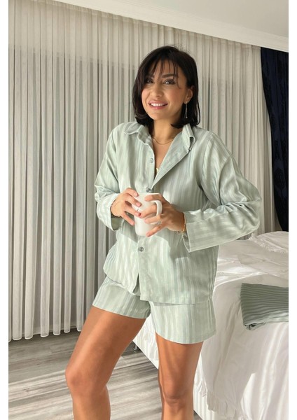 Mint Yeşili Çizgi Dokulu 3'lü Pijama Takımı