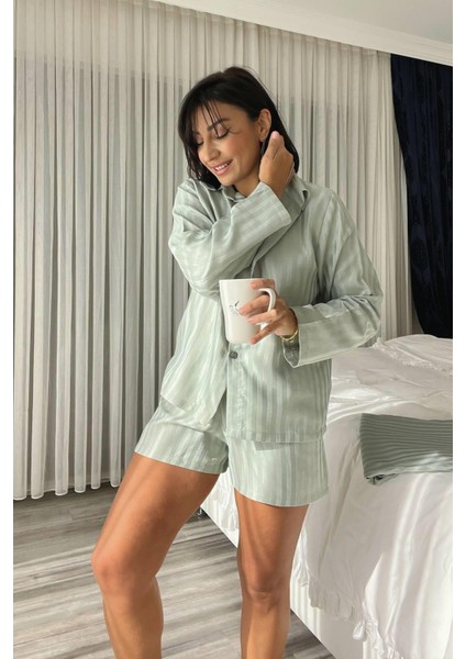Mint Yeşili Çizgi Dokulu 3'lü Pijama Takımı