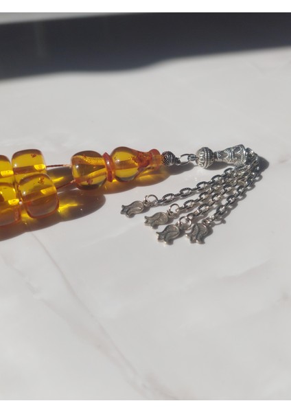Ateş Kehribar Tesbih, 11 x 14 mm, Tekerlek Kesim, Metal Püskül