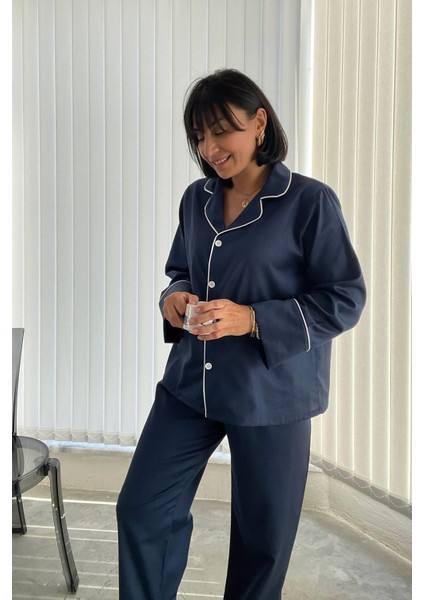 Lacivert Biyeli Pijama Seti