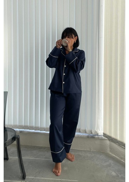 Lacivert Biyeli Pijama Seti