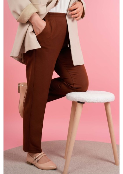 Kadın Dar Kalıp Havuç Pantolon Bel Lastikli Pantolon Kahverengi