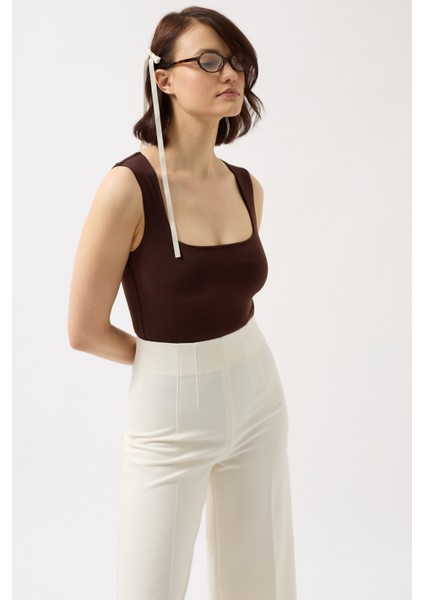 Kare Yaka Kalın Askılı Kahverengi Bodysuit modelleri