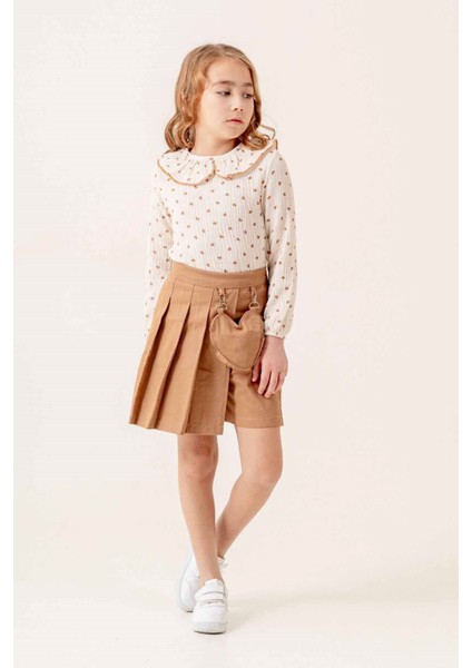 Kalp Çanta Detaylı Müslin Gömlekli Kız Çocuk 2 li takım - Kahve