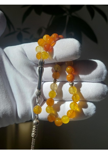Jade Taşı Tesbih, 7.5 x 7.5 mm, Küre Kesim, Metal Püskül