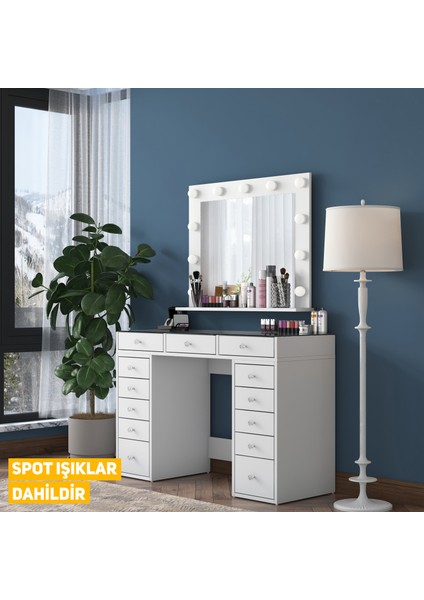 BJ118 Hollywood Işıklı Aynalı Kulis Makyaj Masası Cam Tablalı 13 Çekmeceli Takı Düzenleyici Beyaz