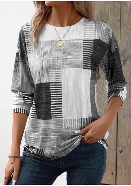 Kadın Bisiklet Yaka Desenli Uzun Kollu Şardonlu Dalgıç Bluz