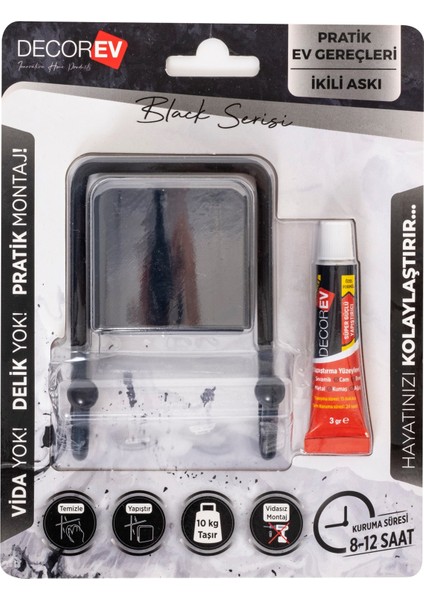 Dekoratif Yapıştırmalı Banyo- Mutfak Metal İki Kancalı Askı Siyah Vidasız Pratik Montaj DC-5053 modelleri