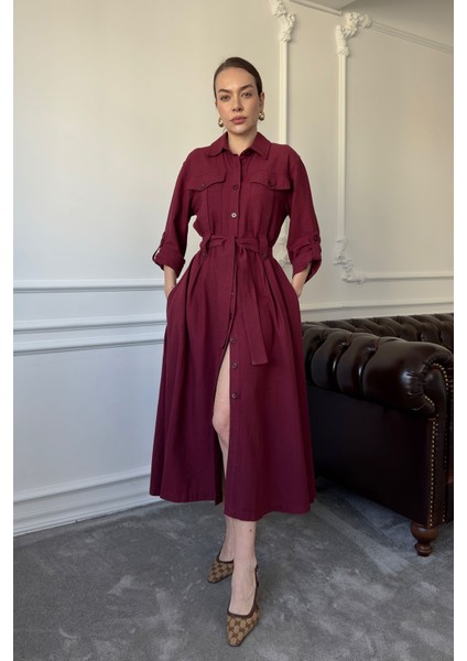 Çift Cepli Bağlamalı Keten Elbise- Bordo