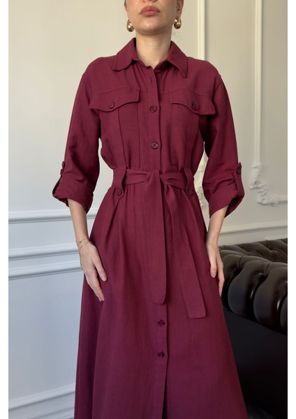 Çift Cepli Bağlamalı Keten Elbise- Bordo fiyatları
