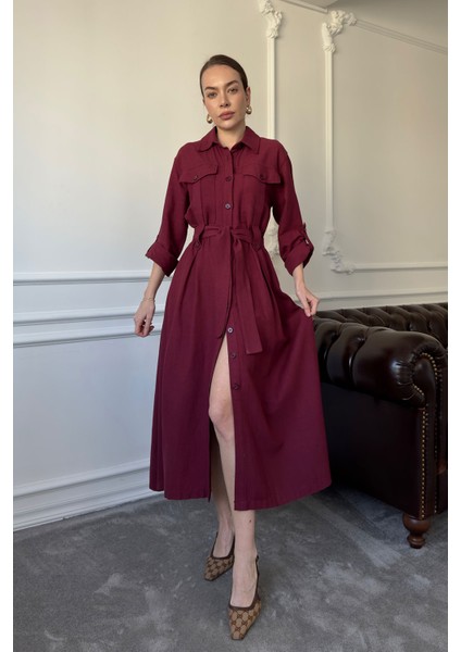 Çift Cepli Bağlamalı Keten Elbise- Bordo fırsatları
