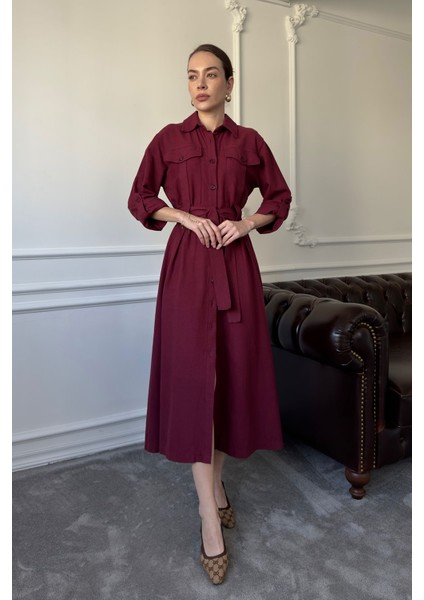 Çift Cepli Bağlamalı Keten Elbise- Bordo indirimleri