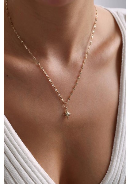 14 Ayar Altın Kuzey Yıldızı Aynalı Zincir Kolye