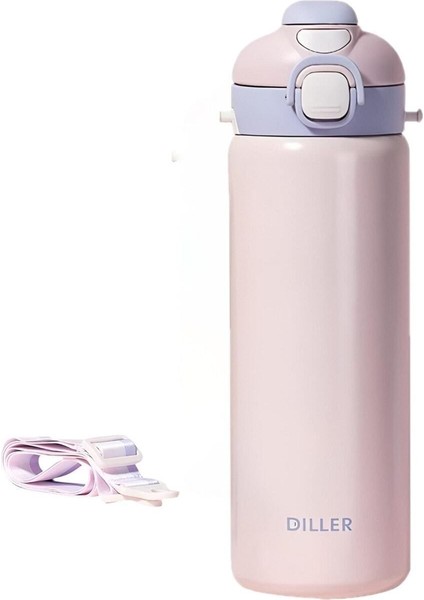 9073 700ML Pembe Tek Kapak Çift Kullanım Pipetli/pipetsiz Askılı Çelik Su Matarası 6 Saat Sıcak/soğ