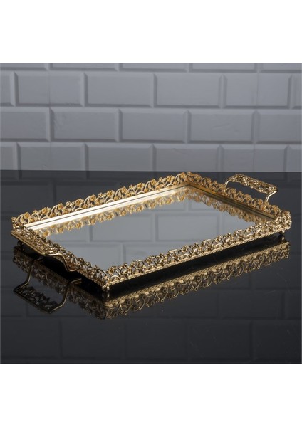 Elmas Kristal Detaylı Dikdörtgen Aynalı Gold Servis - Söz Tepsisi 44 x 24 cm