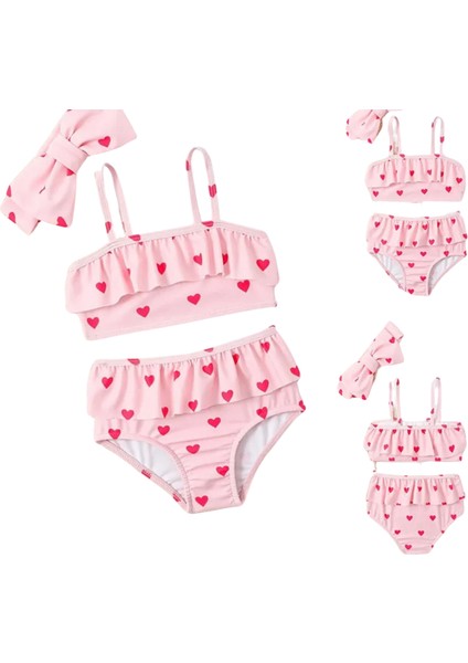 Pembe Kırmızı Kalp Desenli Saç Bantlı Şirin Kız Çocuk Bikini