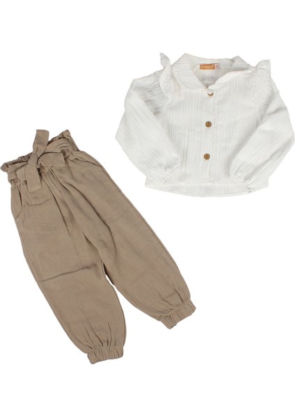 Kız Çocuk Beyaz Kahve Müslin Pantolonlu Yakalı 2'li Takım