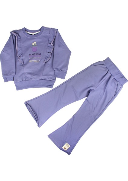 Kız Çocuk Mor Fırfırlı My Will Yazılı Saksıda Çiçek Baskılı 2'li Takım