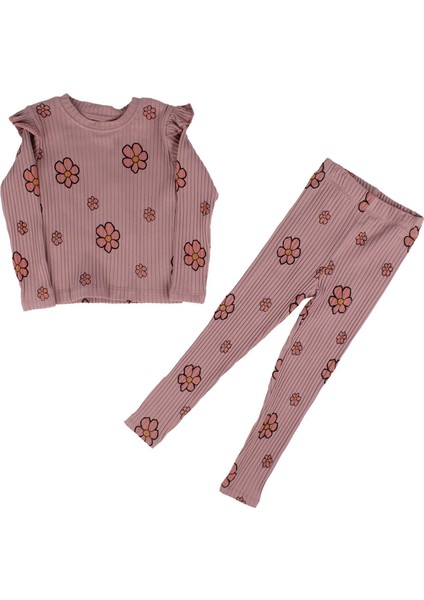 Kız Çocuk Gülkurusu Fırfırlı Fitilli Papatya Desenli 2'li Takım