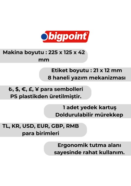 | Etiket Makinesi, Doldurulabilir, 8 Haneli Yazım, 21X12 mm Etiket, Etiketi Uygunluğu, Siyah
