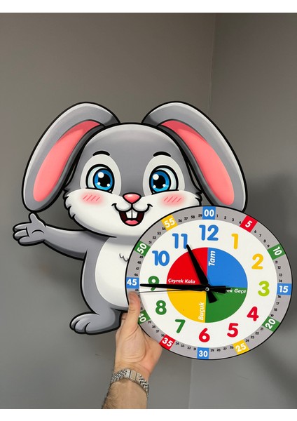 Sevimli Bunny Tavşan Montessori Çocuk Odası Eğitici Ahşap Duvar Saati - Sessiz Mekanizma, Şık