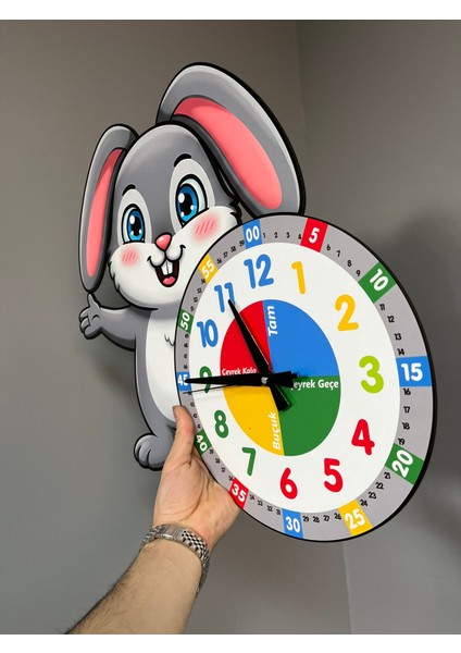 Sevimli Bunny Tavşan Montessori Çocuk Odası Eğitici Ahşap Duvar Saati - Sessiz Mekanizma, Şık
