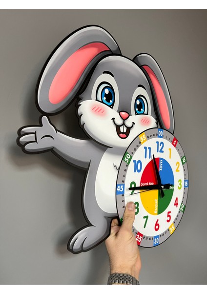 Sevimli Bunny Tavşan Montessori Çocuk Odası Eğitici Ahşap Duvar Saati - Sessiz Mekanizma, Şık