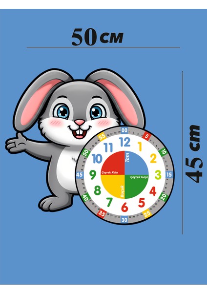 Sevimli Bunny Tavşan Montessori Çocuk Odası Eğitici Ahşap Duvar Saati - Sessiz Mekanizma, Şık