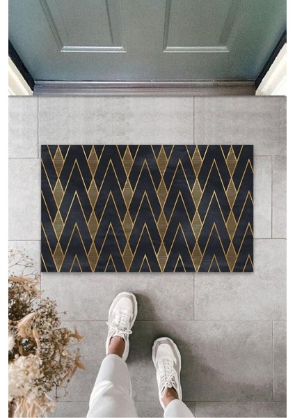 Siyah-Gold Kapı Önü Paspası Zigzag Desen K-3209