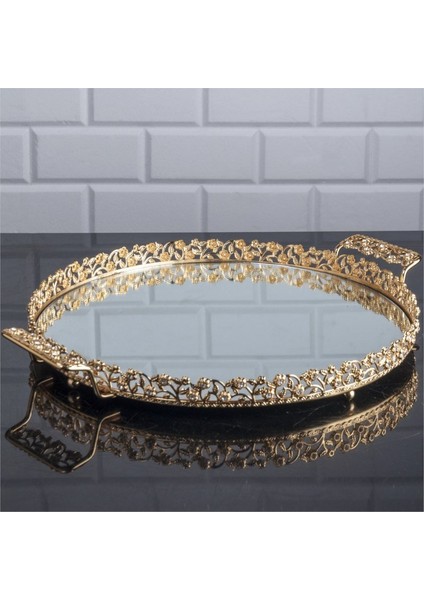 Elmas Kristal Detaylı Yuvarlak Aynalı Gold Servis – Söz Tepsisi 35 cm