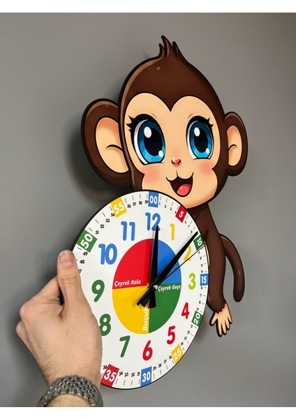 Sevimli Munki Maymun Montessori Çocuk Odası Eğitici Ahşap Duvar Saati - Sessiz Mekanizma, Şık fiyatları