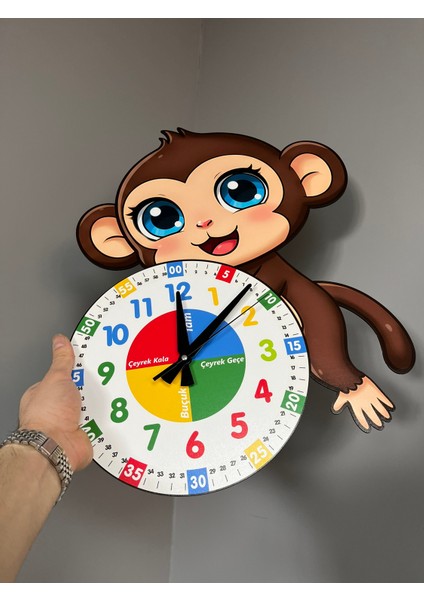 Sevimli Munki Maymun Montessori Çocuk Odası Eğitici Ahşap Duvar Saati - Sessiz Mekanizma, Şık modelleri