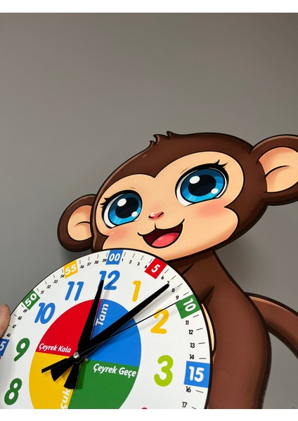 Sevimli Munki Maymun Montessori Çocuk Odası Eğitici Ahşap Duvar Saati - Sessiz Mekanizma, Şık fırsatları